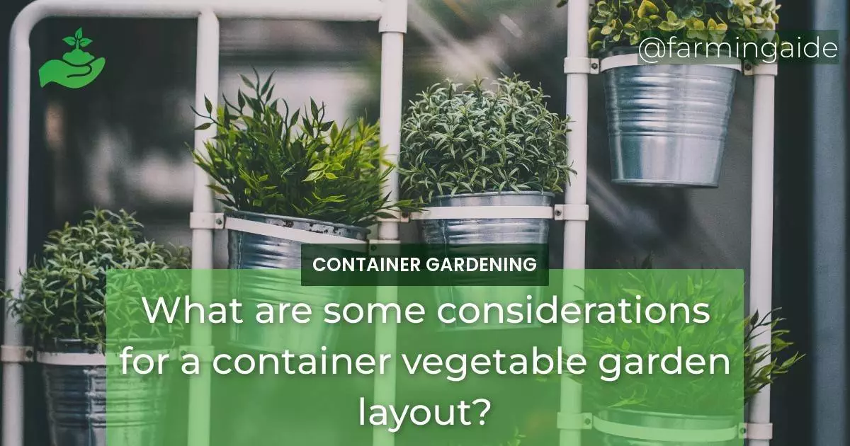 What are some considerations for a container vegetable garden layout?